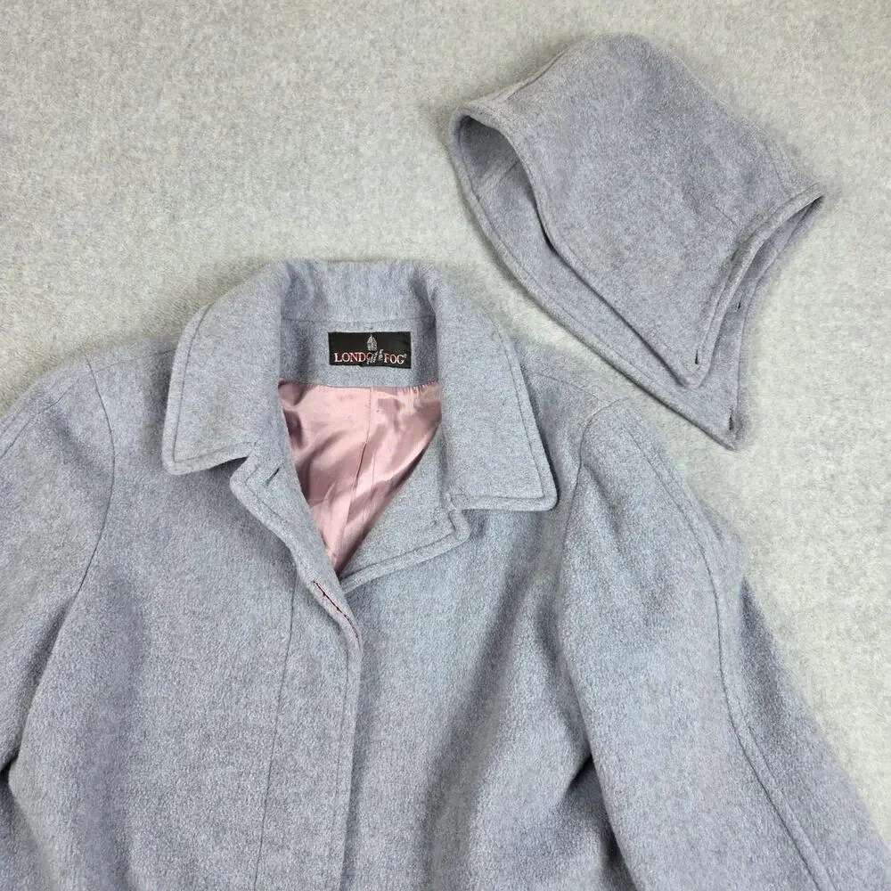London Fog Size 10 Blue-Gray Wool Button Down Car Coat Detachable Hood